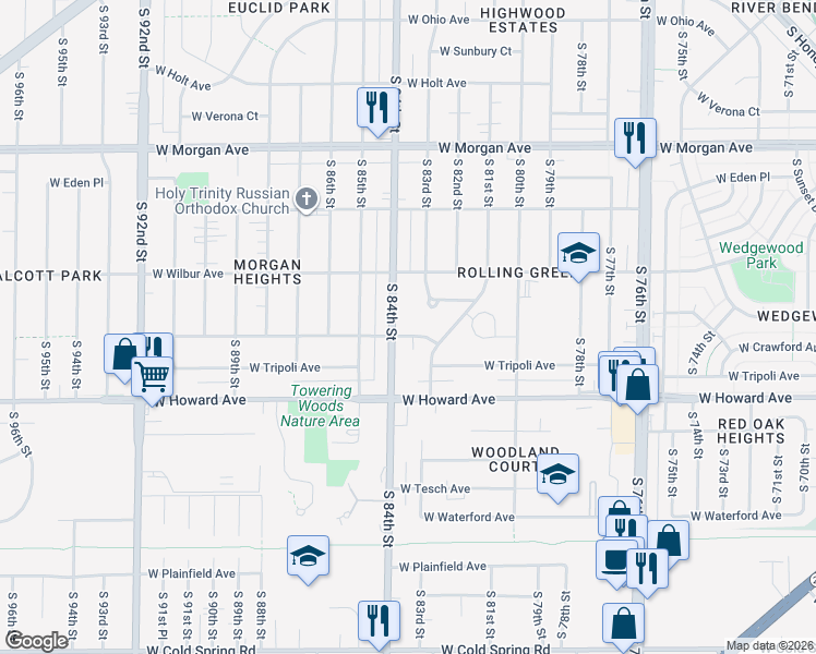map of restaurants, bars, coffee shops, grocery stores, and more near 8245 West New Jersey Avenue in Milwaukee