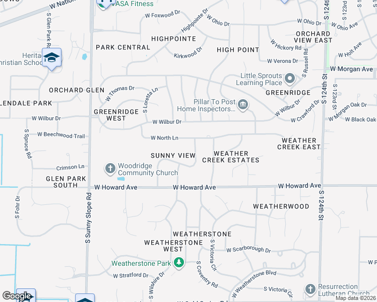 map of restaurants, bars, coffee shops, grocery stores, and more near 3715 South Sunny View Drive in New Berlin