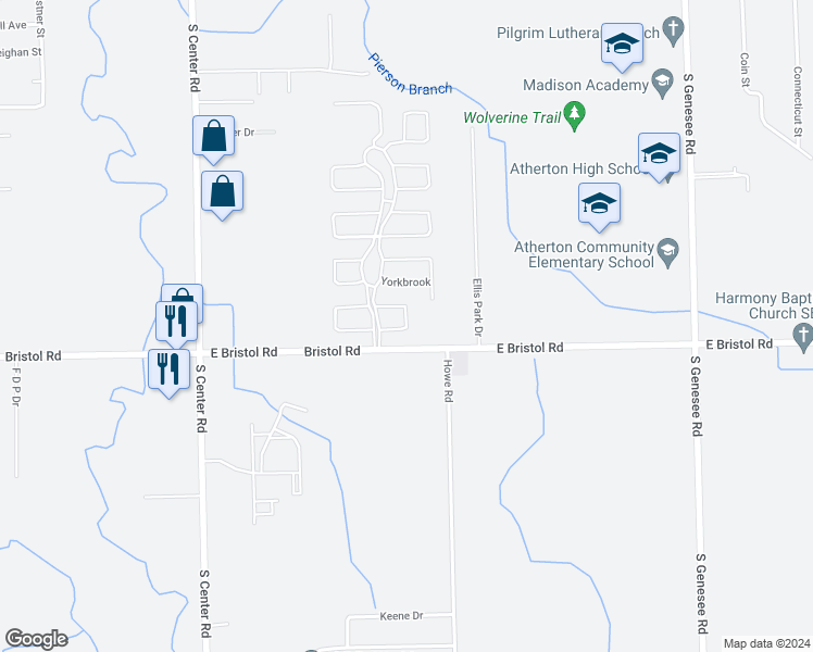map of restaurants, bars, coffee shops, grocery stores, and more near 3504 Brookstream in Burton