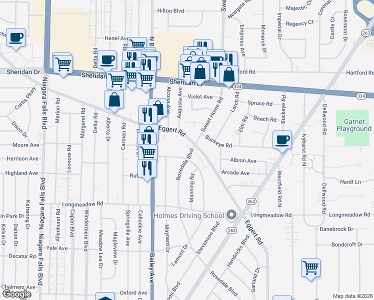 map of restaurants, bars, coffee shops, grocery stores, and more near 1844 Eggert Road in Buffalo