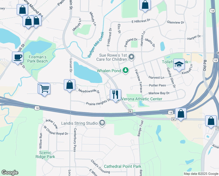 map of restaurants, bars, coffee shops, grocery stores, and more near 414 New Age Circle in Verona