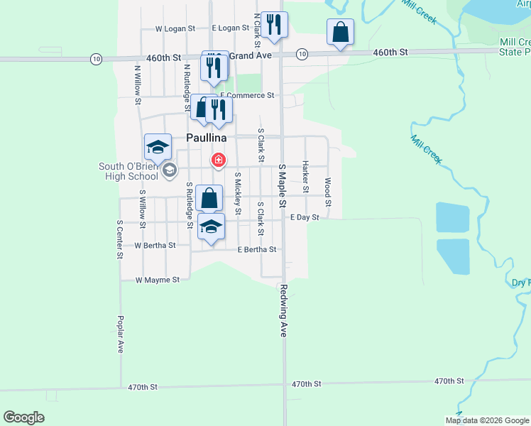 map of restaurants, bars, coffee shops, grocery stores, and more near 252-298 East Greene Street in Paullina