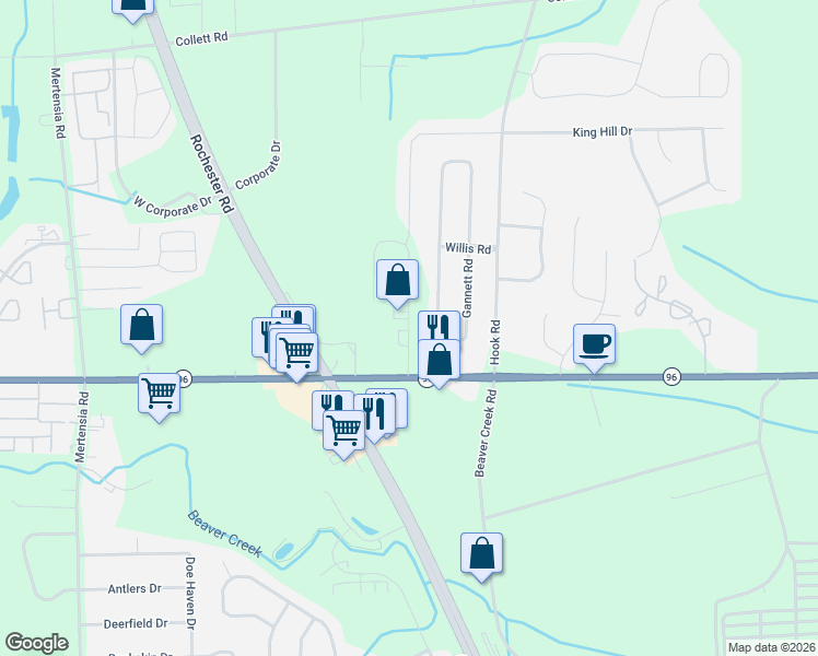 map of restaurants, bars, coffee shops, grocery stores, and more near 1220 Commercial Drive in Farmington