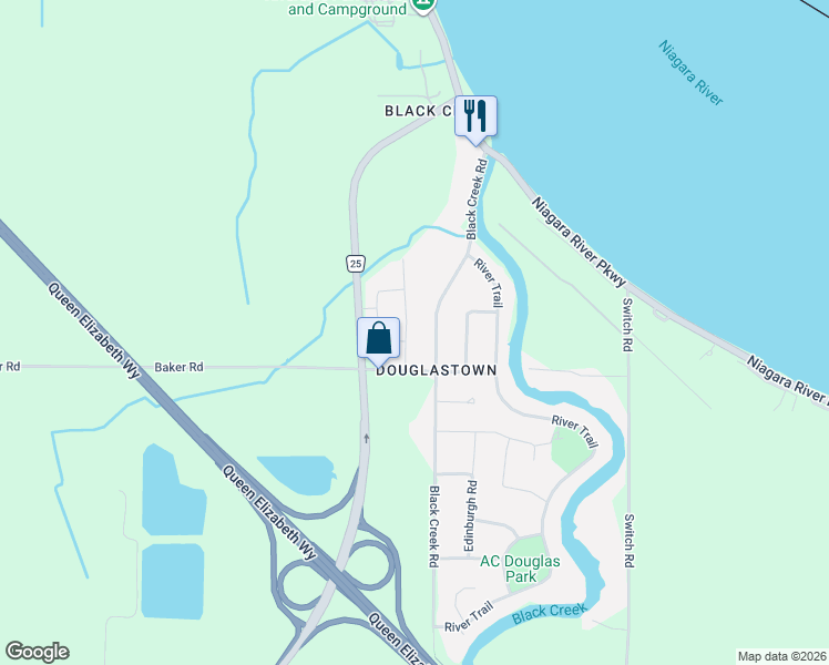 map of restaurants, bars, coffee shops, grocery stores, and more near 3816 Simpson Lane in Fort Erie