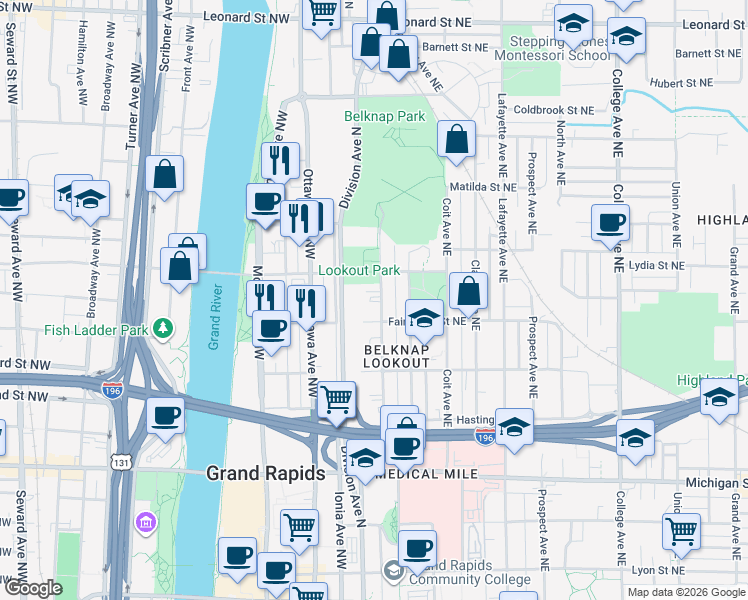 map of restaurants, bars, coffee shops, grocery stores, and more near 743 Fairview Avenue Northeast in Grand Rapids
