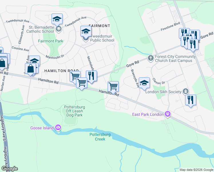 map of restaurants, bars, coffee shops, grocery stores, and more near 1172 Hamilton Road in London