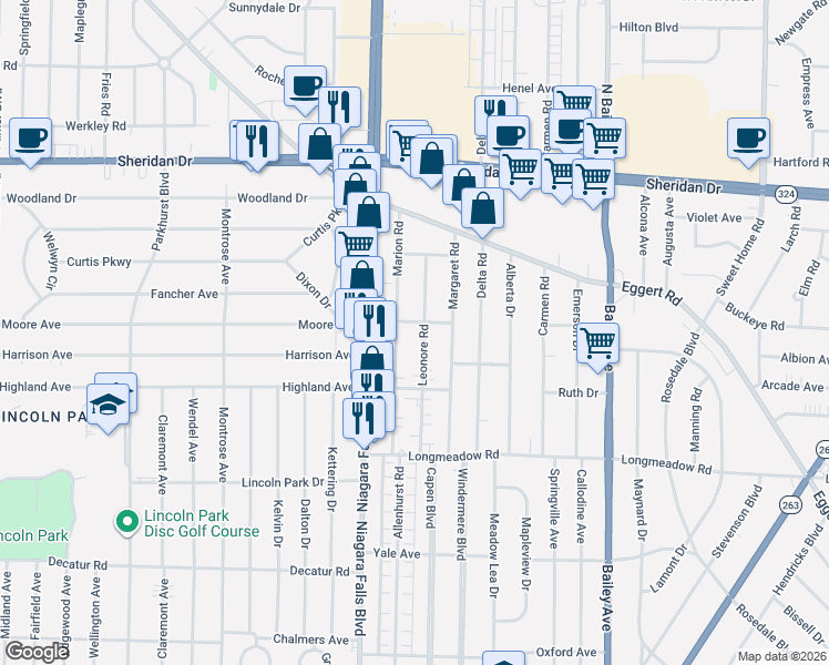 map of restaurants, bars, coffee shops, grocery stores, and more near 126 Leonore Road in Buffalo