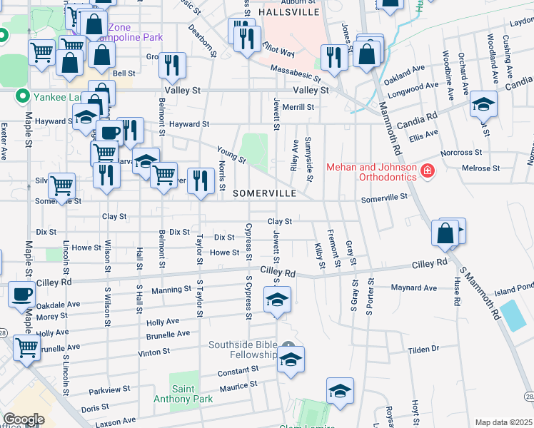 map of restaurants, bars, coffee shops, grocery stores, and more near 15 Springview Avenue in Manchester