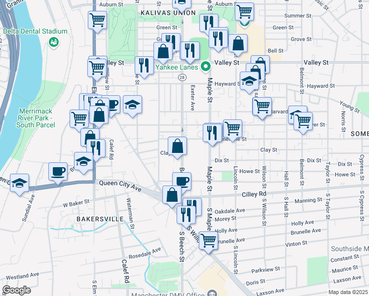 map of restaurants, bars, coffee shops, grocery stores, and more near 292 Somerville Street in Manchester