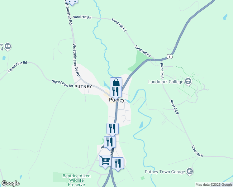 map of restaurants, bars, coffee shops, grocery stores, and more near 3 Bellows Falls Road in Putney