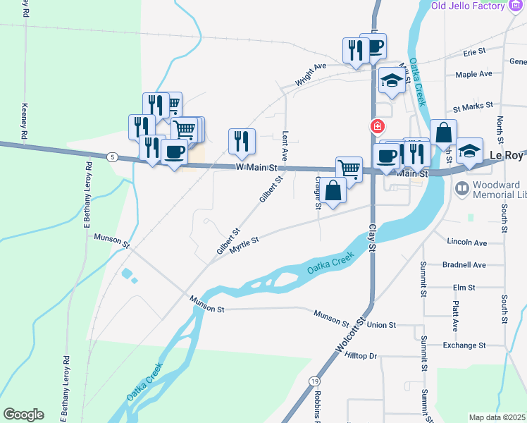 map of restaurants, bars, coffee shops, grocery stores, and more near 19 Gilbert Street in Le Roy