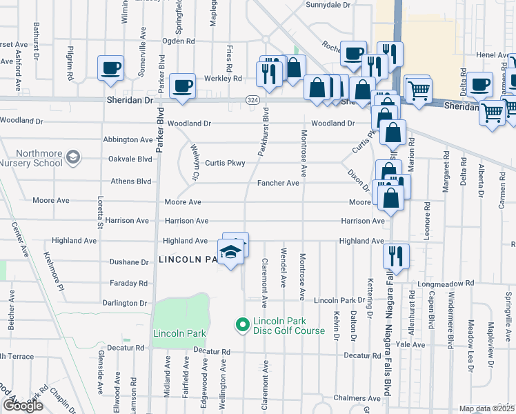 map of restaurants, bars, coffee shops, grocery stores, and more near 588 Moore Avenue in Buffalo