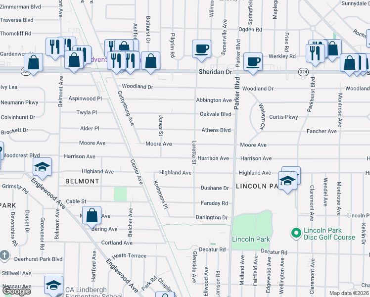 map of restaurants, bars, coffee shops, grocery stores, and more near 306 Moore Avenue in Buffalo