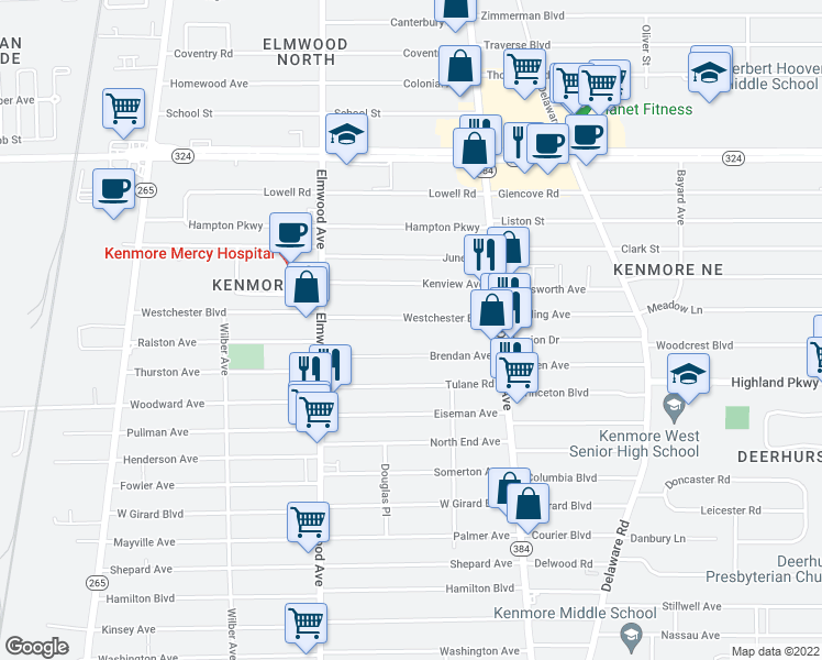 map of restaurants, bars, coffee shops, grocery stores, and more near 80 Chatsworth Avenue in Tonawanda Town