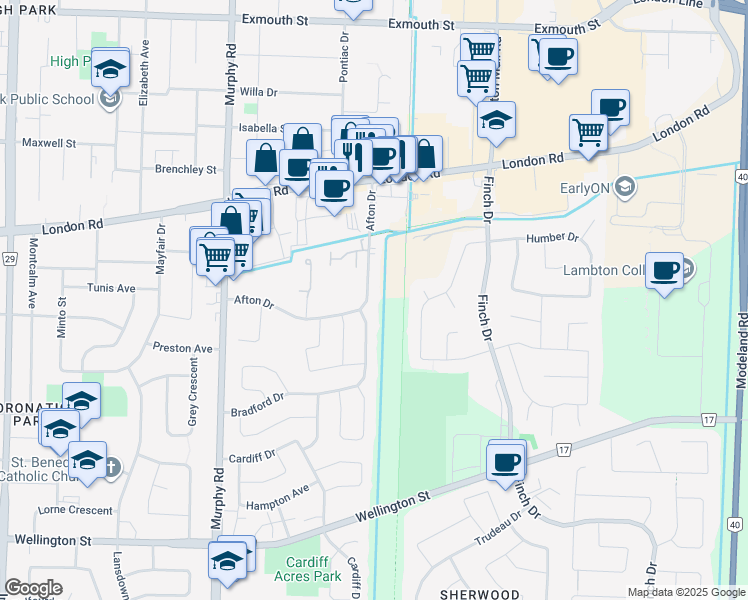 map of restaurants, bars, coffee shops, grocery stores, and more near in Sarnia