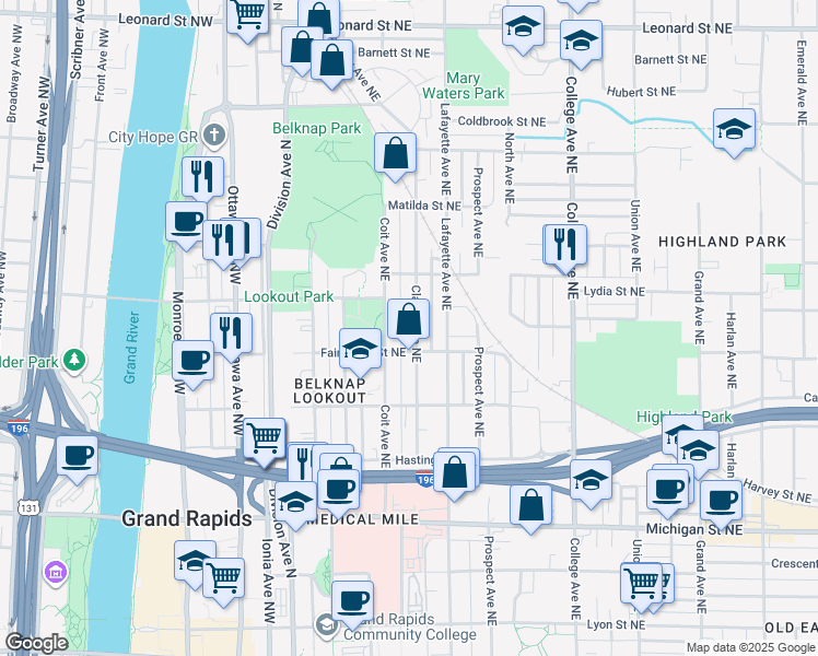 map of restaurants, bars, coffee shops, grocery stores, and more near 741 Clancy Avenue Northeast in Grand Rapids
