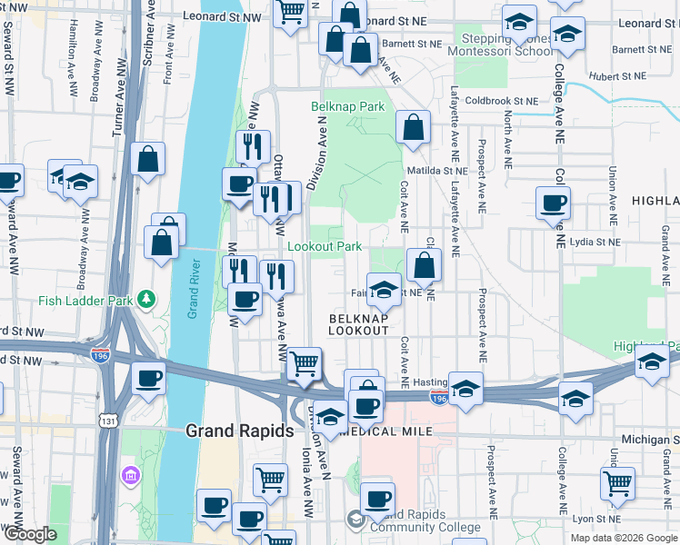 map of restaurants, bars, coffee shops, grocery stores, and more near 743 Fairview Avenue Northeast in Grand Rapids