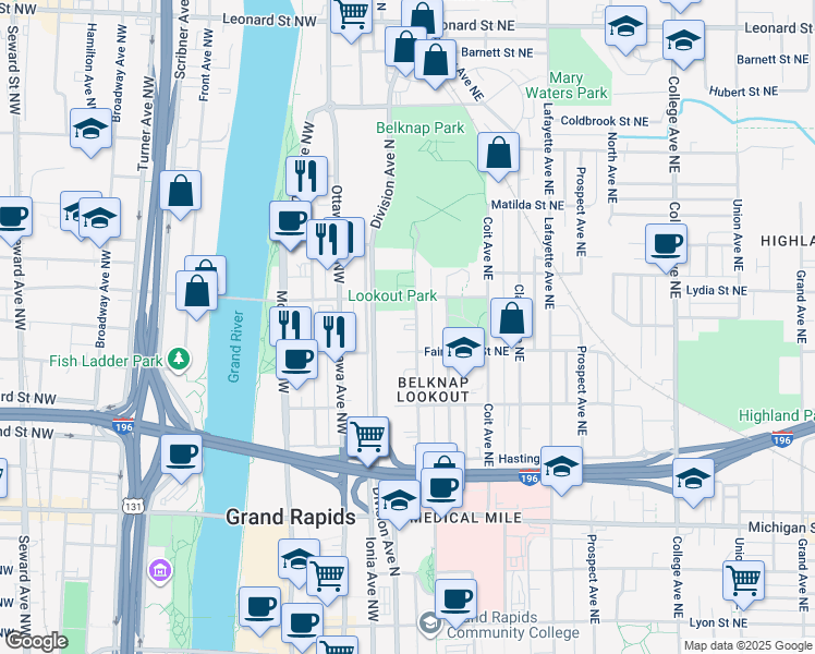 map of restaurants, bars, coffee shops, grocery stores, and more near 743 Fairview Avenue Northeast in Grand Rapids
