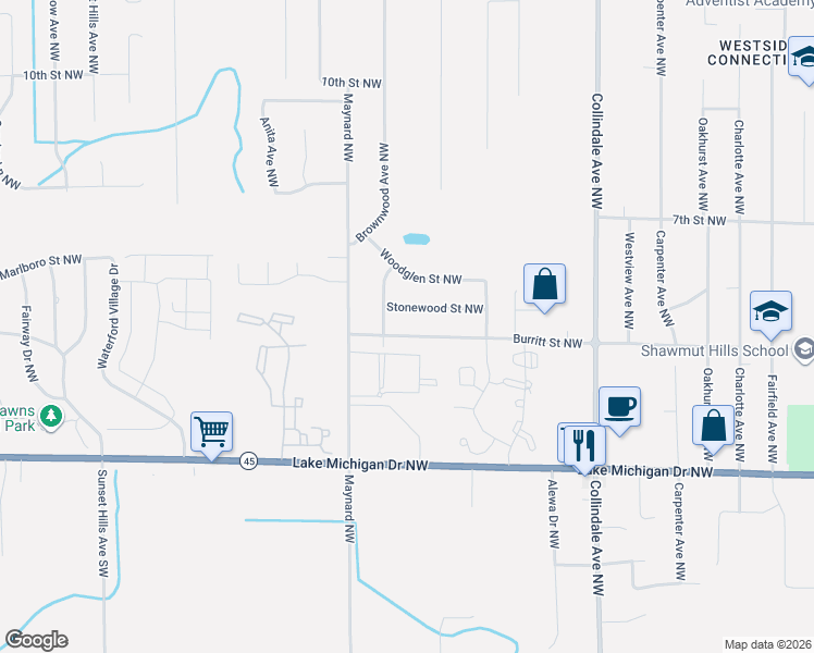 map of restaurants, bars, coffee shops, grocery stores, and more near 3043 Stonewood Street Northwest in Grand Rapids