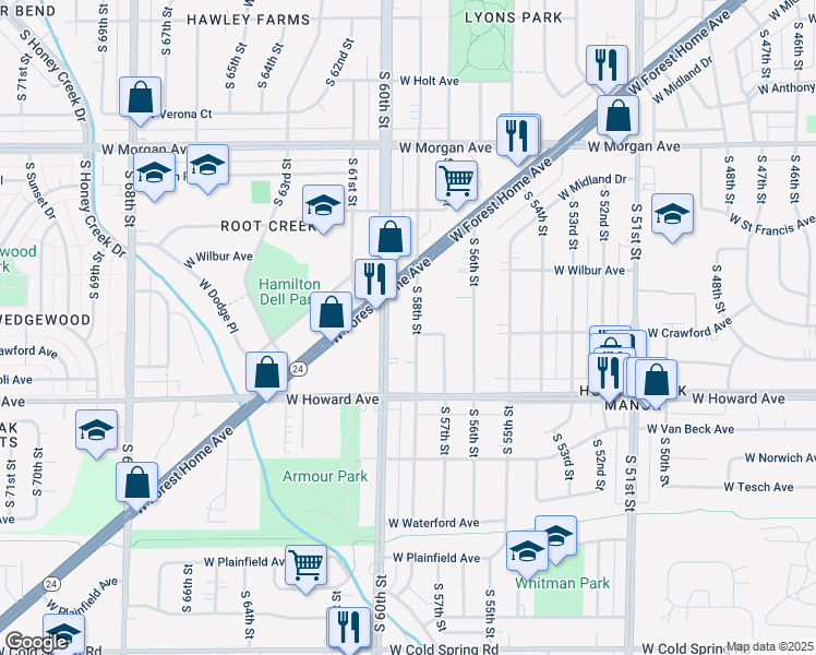 map of restaurants, bars, coffee shops, grocery stores, and more near 3755 South 58th Street in Milwaukee