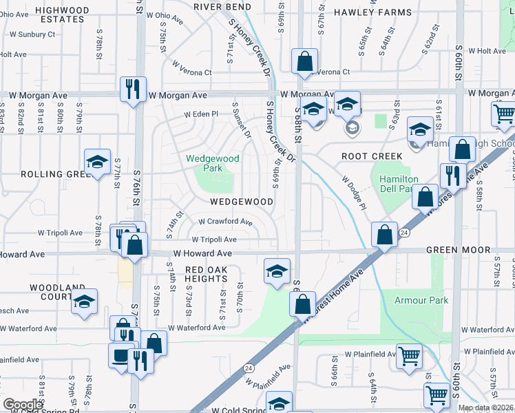 map of restaurants, bars, coffee shops, grocery stores, and more near 3743 South Sunset Drive in Milwaukee