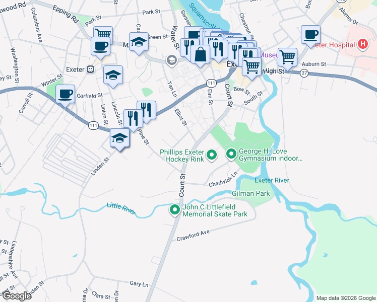 map of restaurants, bars, coffee shops, grocery stores, and more near 31 Elliot Street in Exeter