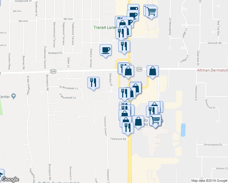 map of restaurants, bars, coffee shops, grocery stores, and more near 160 Glendon Place in Williamsville