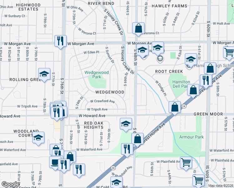 map of restaurants, bars, coffee shops, grocery stores, and more near 3743 South Sunset Drive in Milwaukee