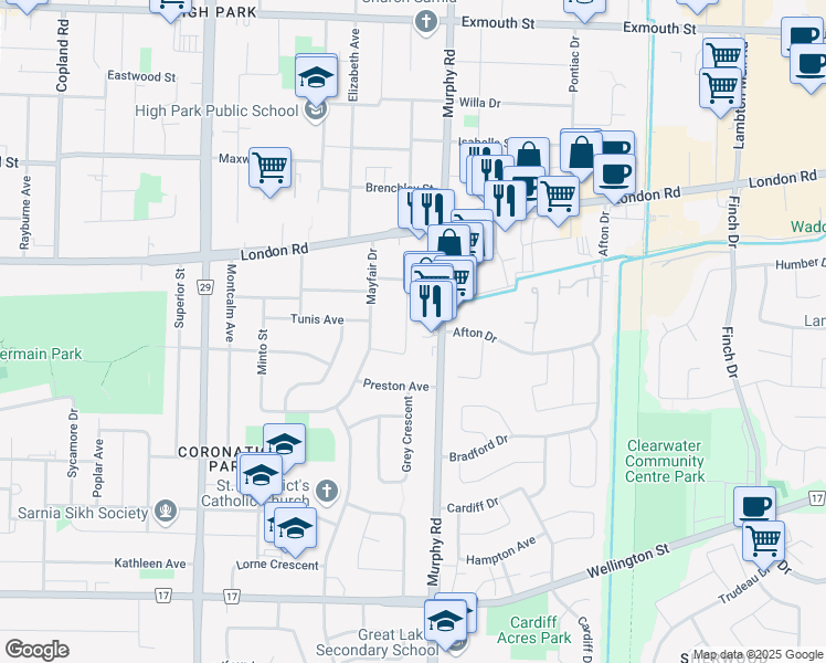 map of restaurants, bars, coffee shops, grocery stores, and more near 36 Leopold Drive in Sarnia