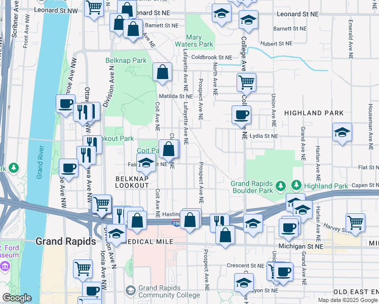 map of restaurants, bars, coffee shops, grocery stores, and more near 722 Lafayette Avenue Northeast in Grand Rapids
