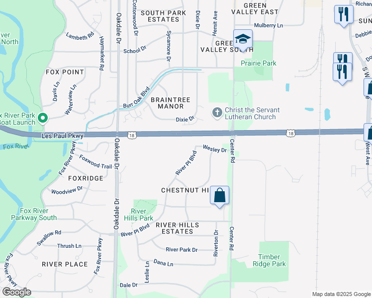 map of restaurants, bars, coffee shops, grocery stores, and more near 1000 River Place Boulevard in Waukesha