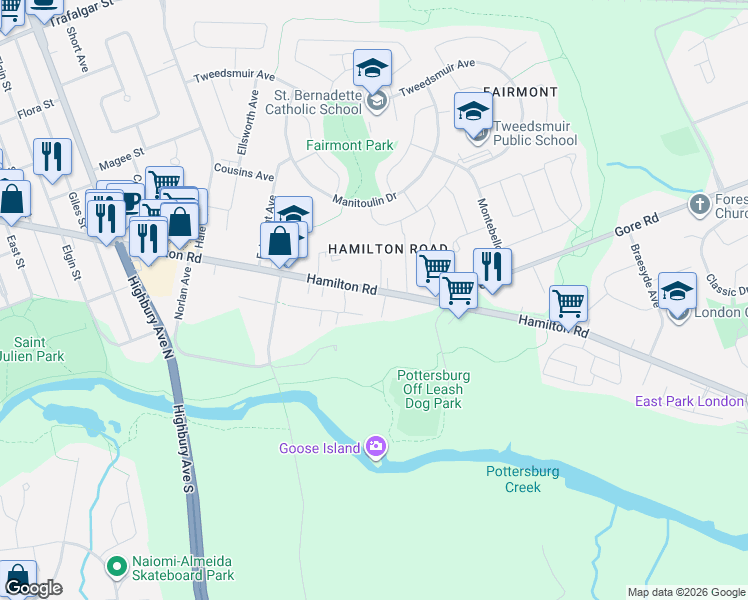 map of restaurants, bars, coffee shops, grocery stores, and more near 1100 Hamilton Road in London