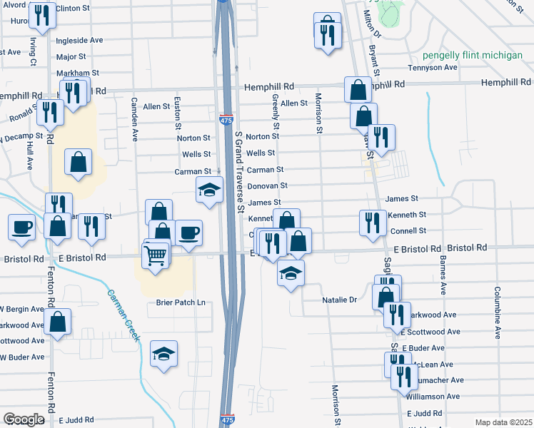 map of restaurants, bars, coffee shops, grocery stores, and more near 1347 Kenneth Street in Burton