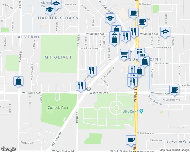 map of restaurants, bars, coffee shops, grocery stores, and more near 3308 West Loomis Road in Greenfield