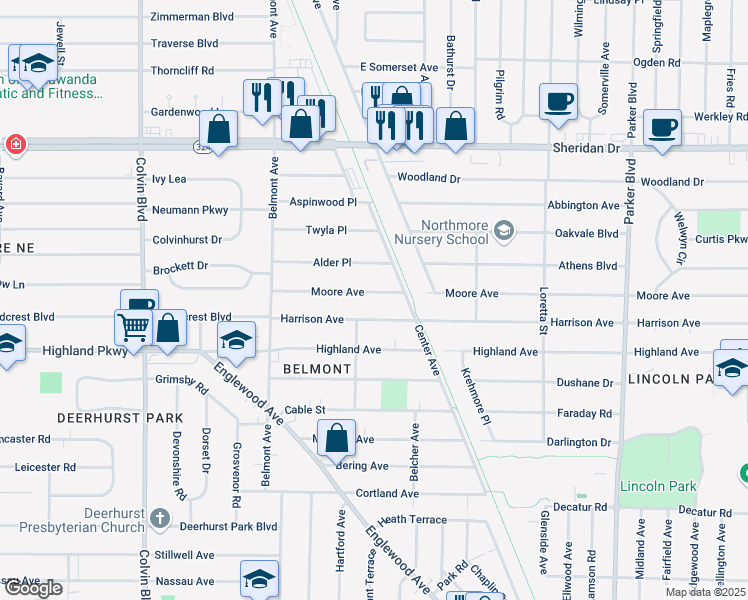 map of restaurants, bars, coffee shops, grocery stores, and more near 108 Moore Avenue in Buffalo