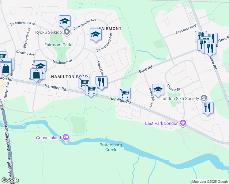 map of restaurants, bars, coffee shops, grocery stores, and more near 1176 Hamilton Road in London