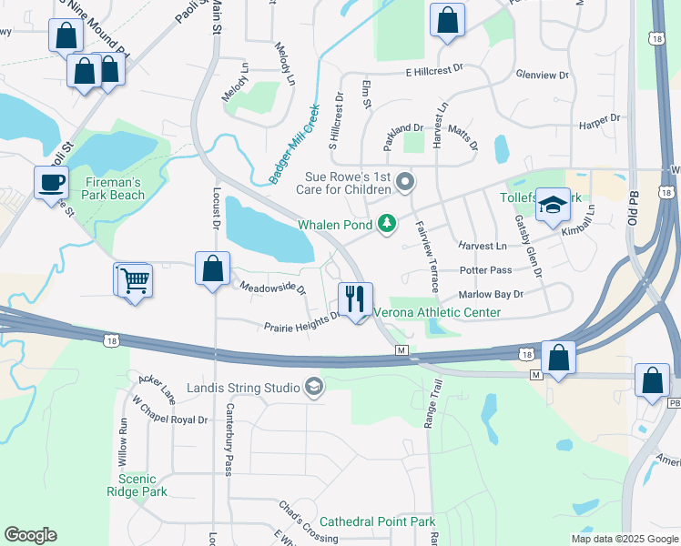 map of restaurants, bars, coffee shops, grocery stores, and more near 414 New Age Cir in Verona