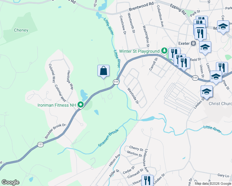 map of restaurants, bars, coffee shops, grocery stores, and more near 6 Kingston Road in Exeter