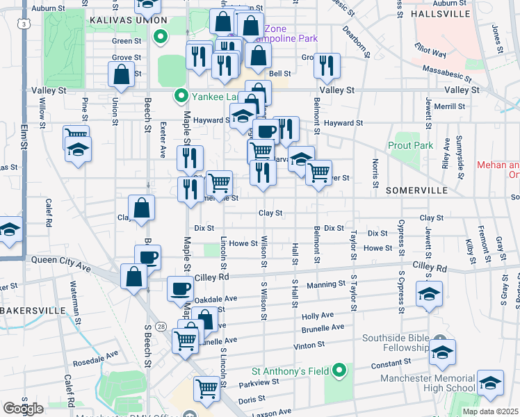 map of restaurants, bars, coffee shops, grocery stores, and more near 589 Somerville Street in Manchester
