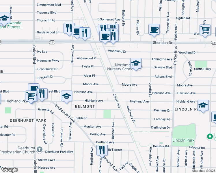 map of restaurants, bars, coffee shops, grocery stores, and more near 144 Moore Avenue in Buffalo