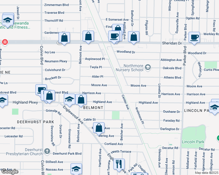 map of restaurants, bars, coffee shops, grocery stores, and more near 108 Moore Avenue in Buffalo