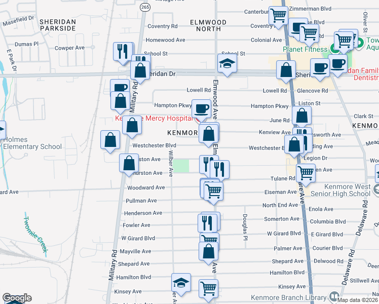 map of restaurants, bars, coffee shops, grocery stores, and more near 12 Westchester Boulevard in Buffalo