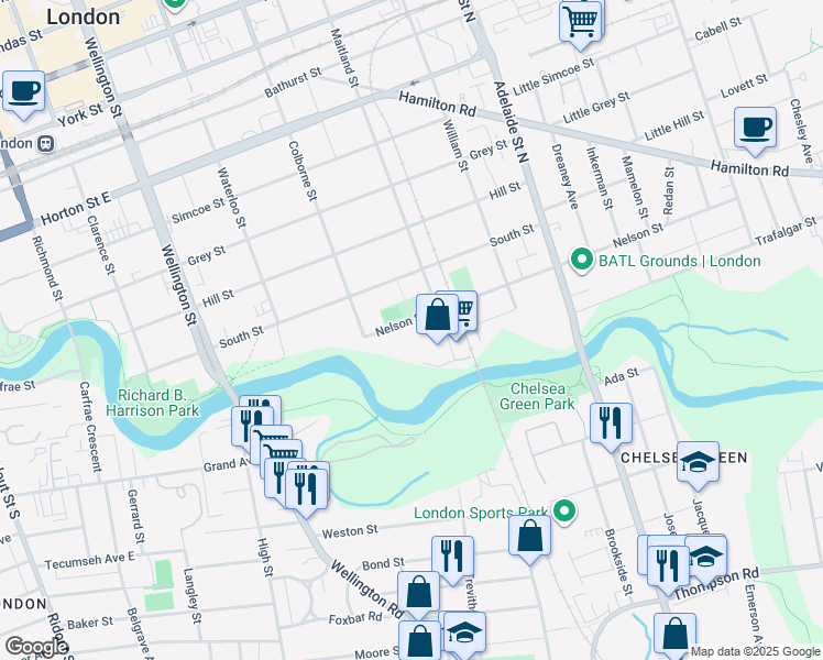 map of restaurants, bars, coffee shops, grocery stores, and more near 450 Nelson Street in London