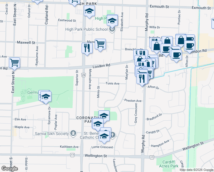 map of restaurants, bars, coffee shops, grocery stores, and more near 26 Tunis Avenue in Sarnia