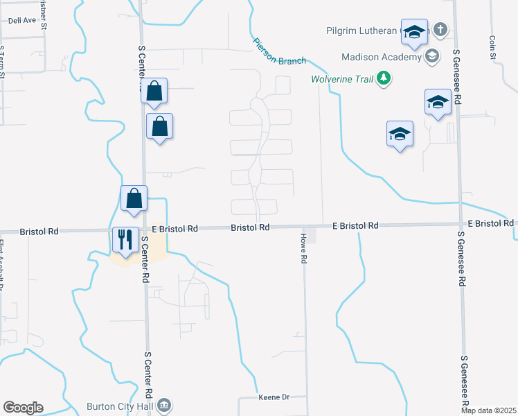 map of restaurants, bars, coffee shops, grocery stores, and more near 3483 Creekside Boulevard in Burton