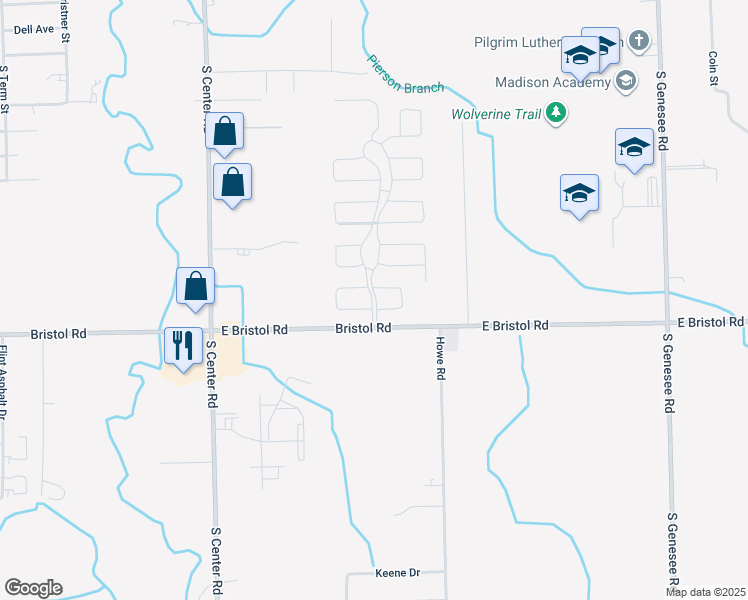 map of restaurants, bars, coffee shops, grocery stores, and more near 3483 Creekside Boulevard in Burton