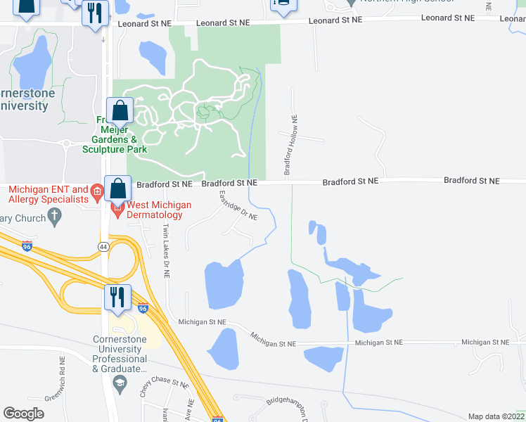 map of restaurants, bars, coffee shops, grocery stores, and more near 740 Eastridge Drive Northeast in Grand Rapids