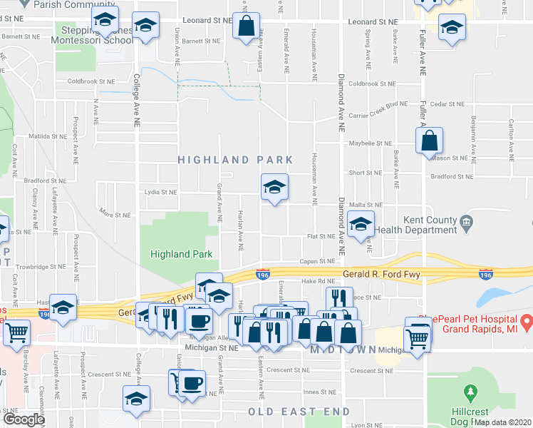 map of restaurants, bars, coffee shops, grocery stores, and more near 749 Eastern Avenue Northeast in Grand Rapids