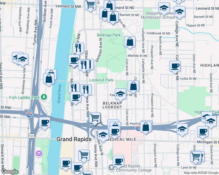 map of restaurants, bars, coffee shops, grocery stores, and more near 749 Livingston Avenue Northeast in Grand Rapids