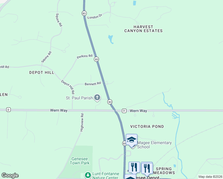 map of restaurants, bars, coffee shops, grocery stores, and more near W316S3690 Wisconsin 83 in Waukesha